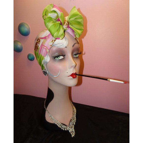 Vintage Green & Pink Floral Scarf tropical boho neck scarf pinup retro - Picture 4 of 10